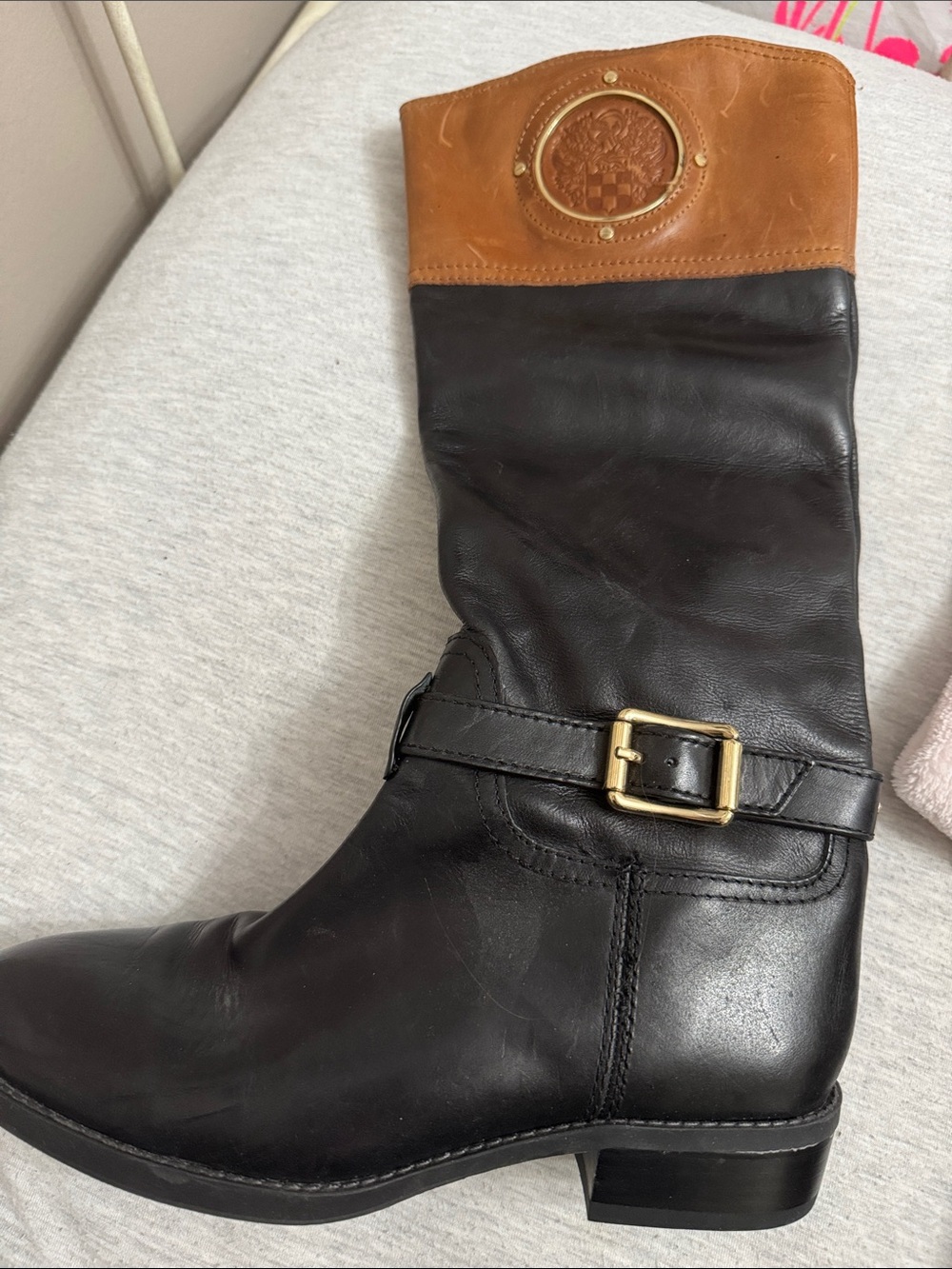 Vince Camuto Black and Tan Leather Mid-Calf Lace-Up Boots